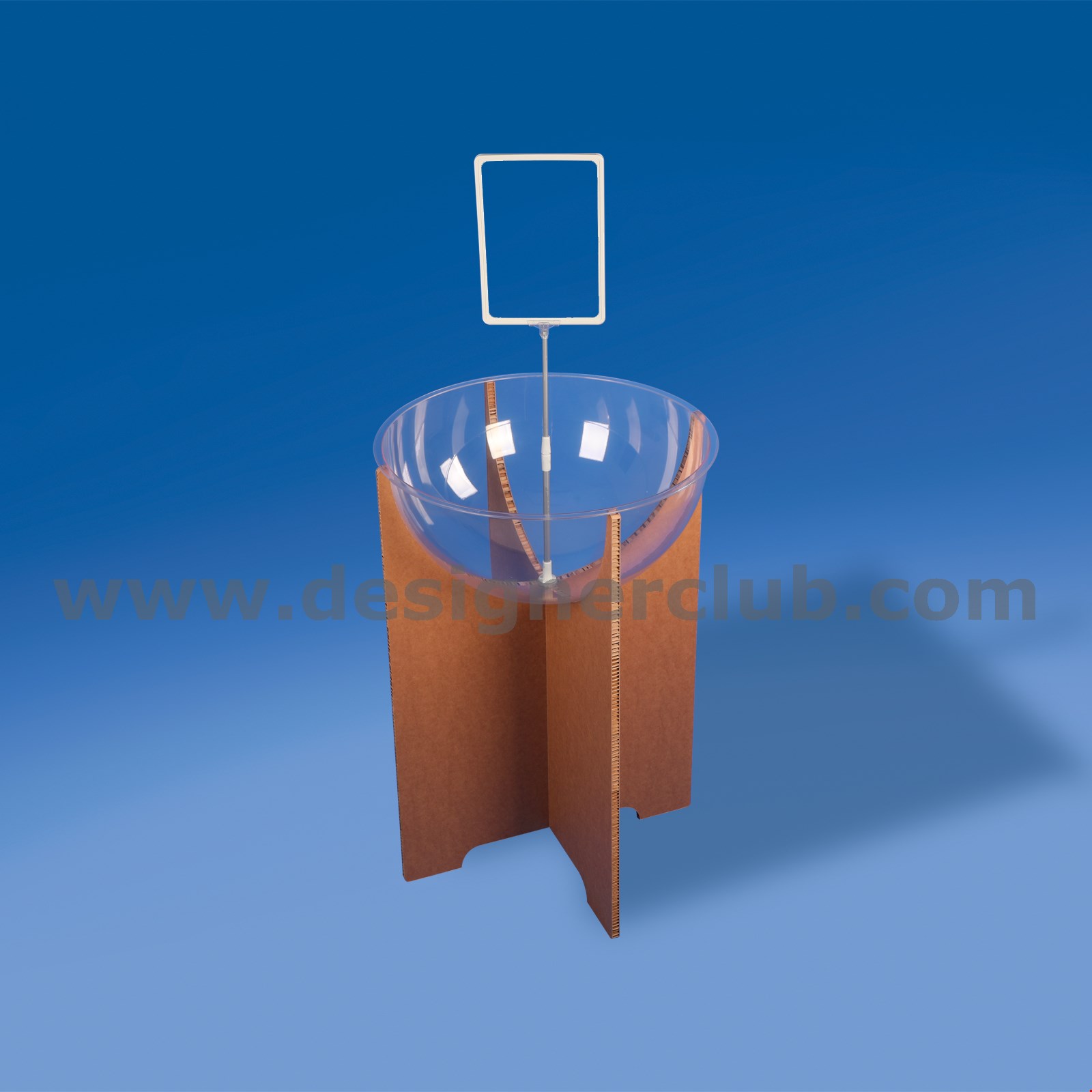 ESPOSITORE MEZZA SFERA Ø 600 MM. IN CARTONE ALVEOLARE CON PORTA MESSAGGIO