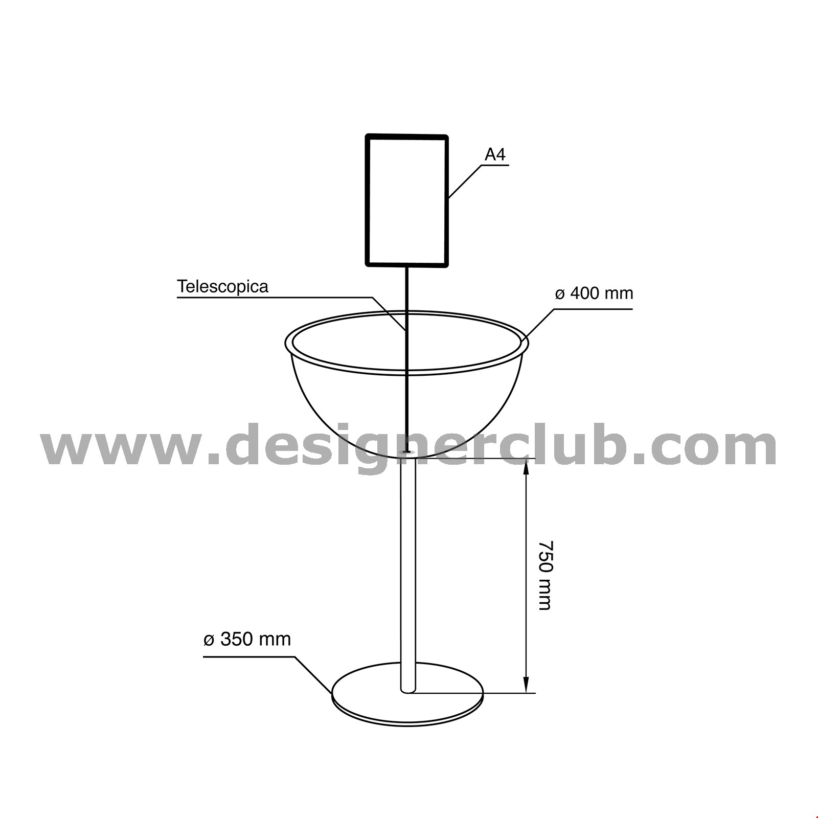 ESPOSITORE MEZZA SFERA Ø MM. 400 CON PORTA MESSAGGIO E BASE Ø MM. 350 - EASY