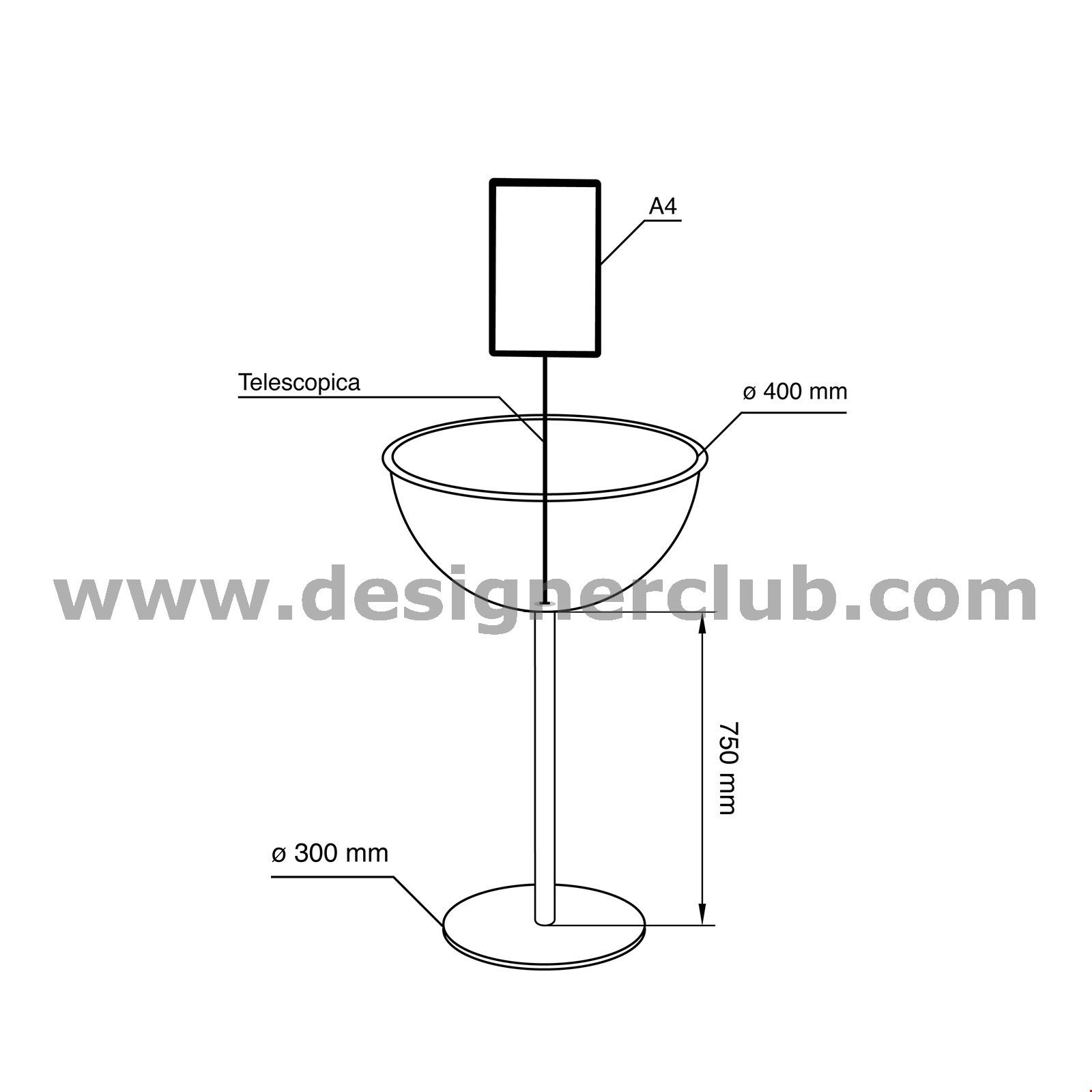 ESPOSITORE MEZZA SFERA Ø MM. 400 CON PORTA MESSAGGIO E BASE Ø MM. 300 - EASY