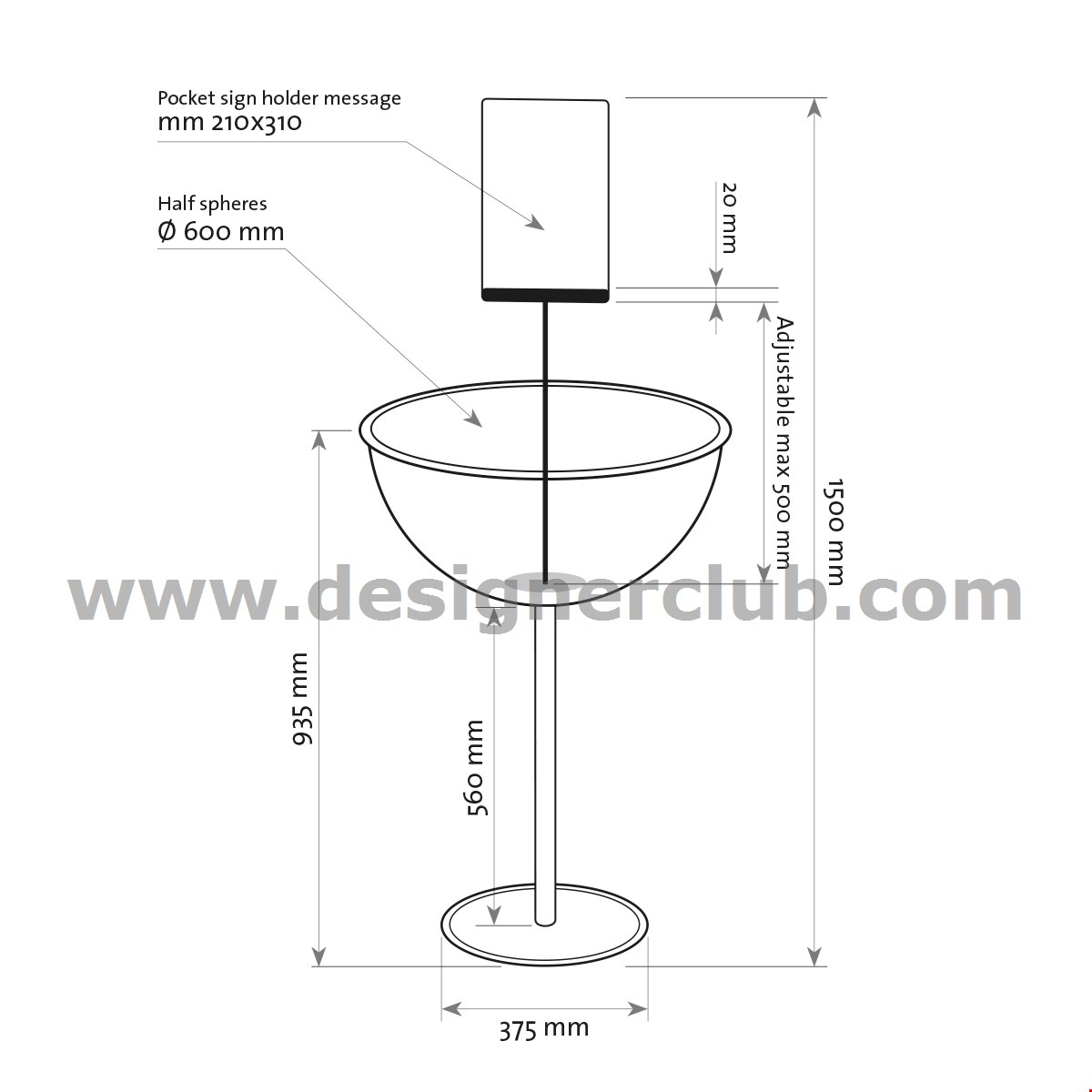 ESPOSITORE MEZZA SFERA DIAMETRO MM. 600 SENZA PORTA MESSAGGIO